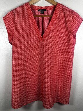 Hilary Radley Red & White Print V-Neck Blouse | Size Small